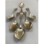 SIX EARLY 19TH CENTURY FIDDLE PATTERN DESSERT SPOONS by makers including Jonathan Hayne and