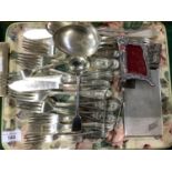A quantity of silver plated cutlery including dessert servers, table spoons, fish knives and