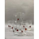 A lemonade set of bubble glass inset with a red strawberry design comprising a lemonade jug and four