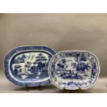 A 19th century pearlware blue and white meat dish printed with the willow pattern, 49cm x 37cm,
