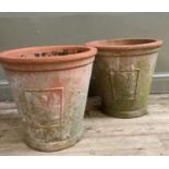 A large pair of garden terracotta planters moulded with leaf design, 47cm diameter by 45cm