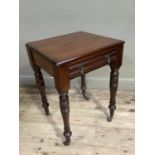 A mahogany safe stand with drawer to apron, on turned legs with casters