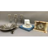 A silver plated three light candelabra, a snuffer, a serving dish, onyx mantel clock (battery