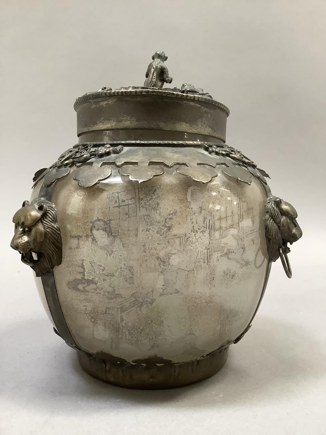 A Chinese vase and cover, gilt metal mounted, the opaque glass body internally printed with - Image 3 of 5