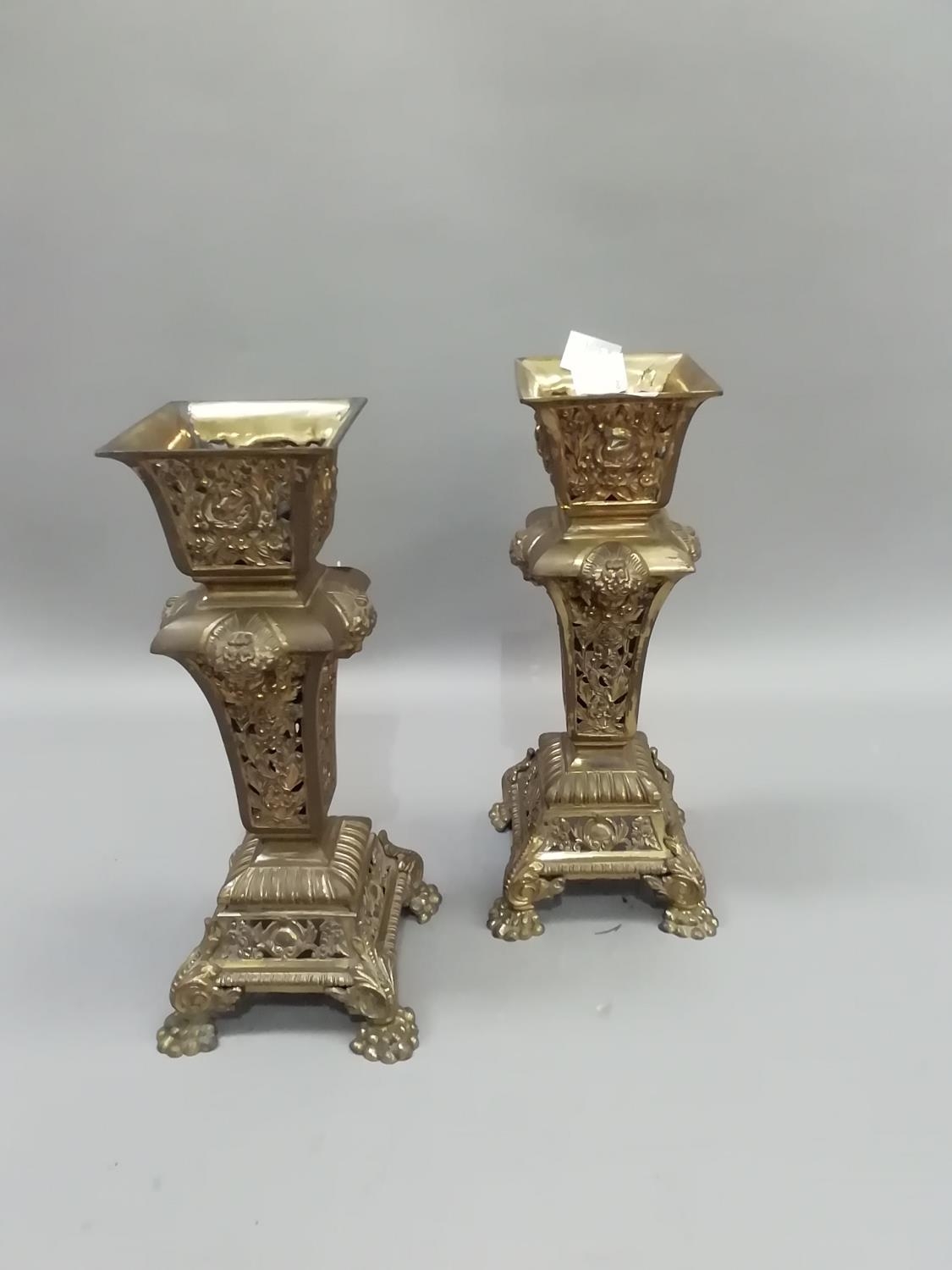 A pair of gilt lacquered metal vases of square outline pierced with a design of flowers with face - Image 2 of 2