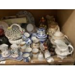 Mixed teaware, blue and white willow pattern coffee cans, lidded jug and stand, Victorian milk jug