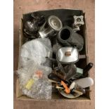 A box of silver plated ware, stainless steel tea and coffee pots, cutlery etc