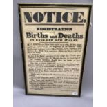 A framed poster issued by The General Register Office June 1837, Notice Registration of Birth and