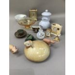 Studio Pottery, Poole lidded jar and vase, white swirled glass scent bottle, various clocks,