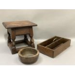 A small oak stool on baluster and square framing, 28cm high together with a two division cutlery