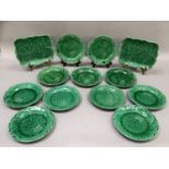 A set of eleven Wedgwood leaf moulded green glazed dessert plates, impressed mark, together with two