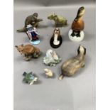 A collection of animal figures including Lladro rabbit, Dux style elephant, bust of a beagle,