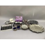 A collection of silver plated ware including tray with pie crust rim, tazza, fluted bowl on legs,