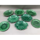 Various 19th century leaf moulded and green glaze dessert ware including serving dishes and two