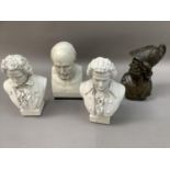 Three composition busts of composers and a bronze effect composition bust of Meleneaus