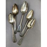 Five silver table spoons, London 1806, 1840, 1827, 1799, 1798, total approximate weight 10oz