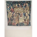 A machine woven tapestry wall hanging of medieval scene together with hanging pole, 114cm wide