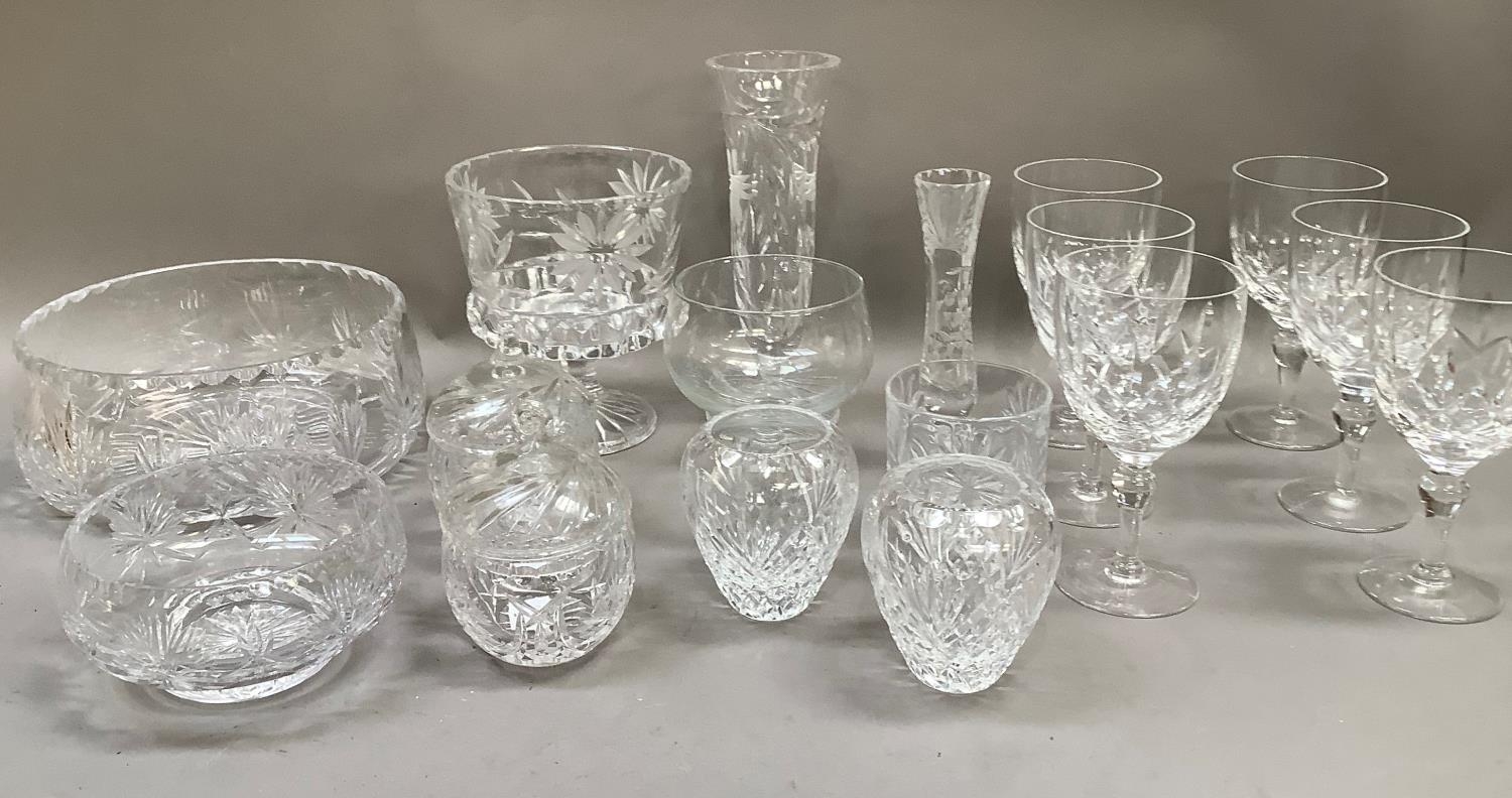 Cut glass wines, vases, lidded jars, pedestal dish, fruit bowls etc