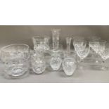 Cut glass wines, vases, lidded jars, pedestal dish, fruit bowls etc