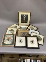 A quantity of pictures including a pair of framed silhouettes, Baxter prints etc