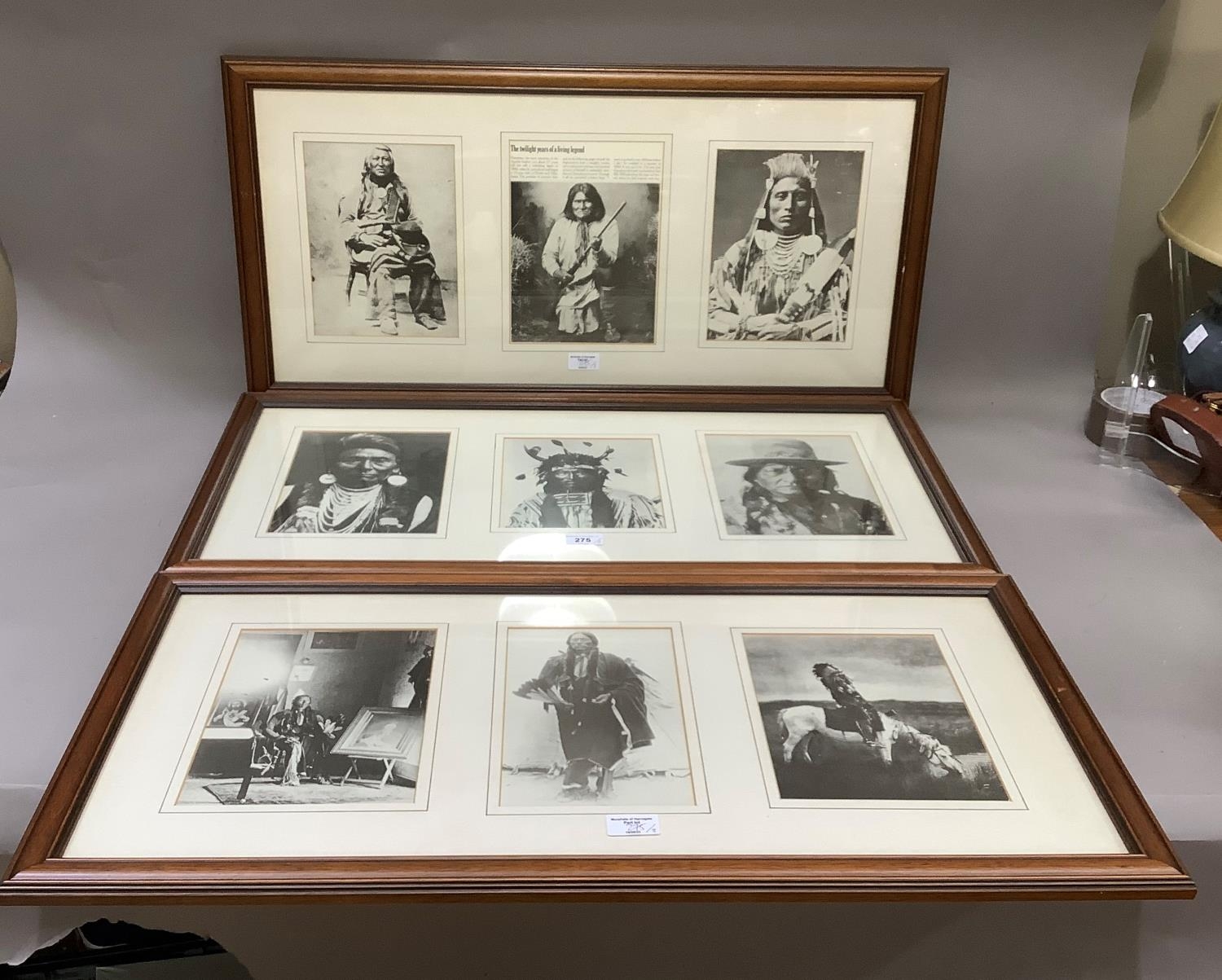 Three framed sets of reproduction black and white photographs of Native Americans including