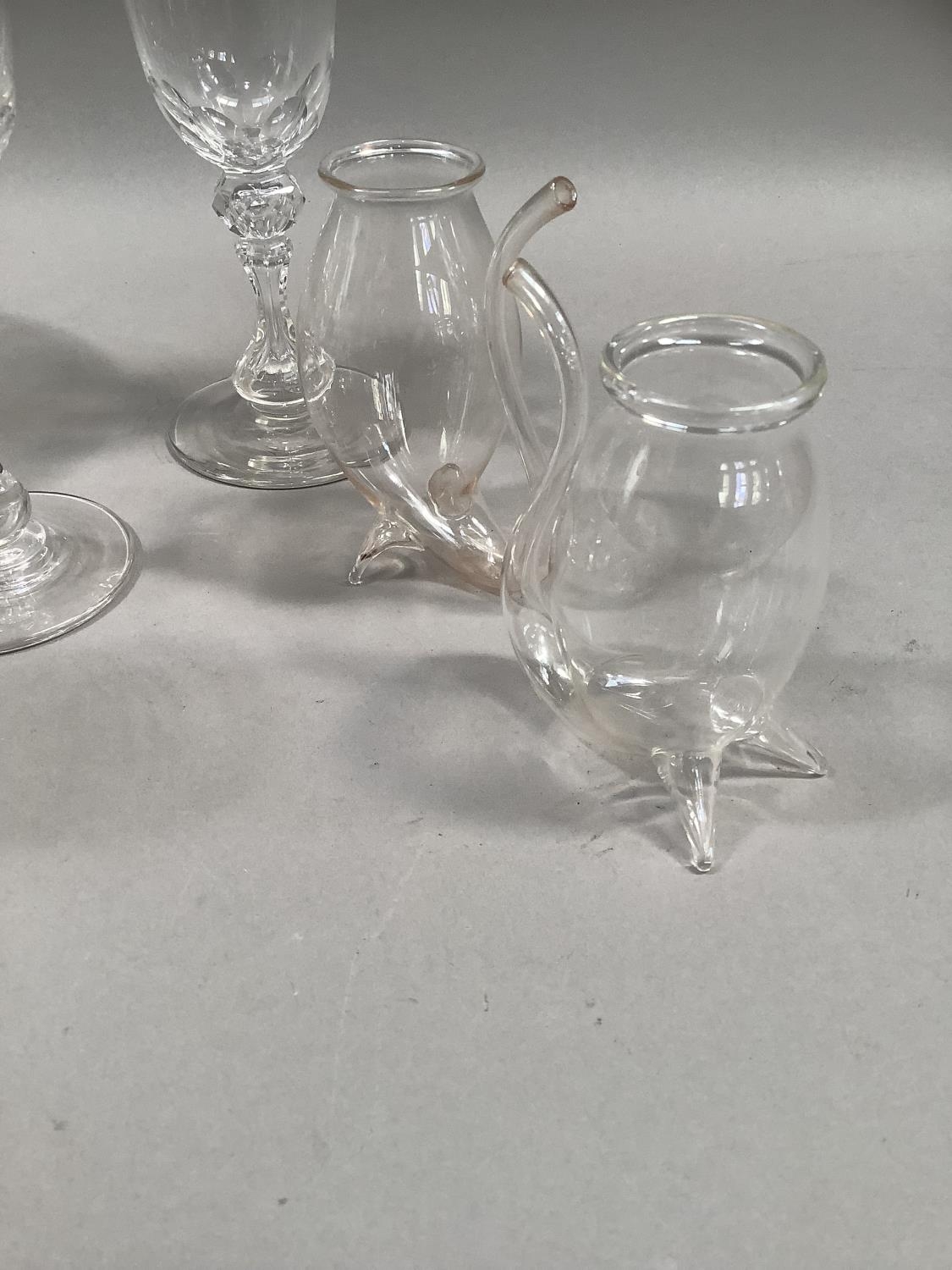 A cut glass sherry decanter together with five long stemmed panel cut sherry glasses on conical - Image 3 of 3