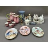 Portuguese pottery doves on a nest, pair of coffee pots, lidded sugar and cups, a Wedgwood blue