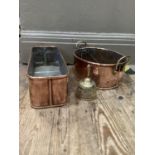 A copper and brass two handled planter, a copper plant trough and a brass bell