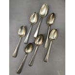 Seven silver dessert spoons, matched, London 1805, 1804 (4), 1811 and 1828,total approximate