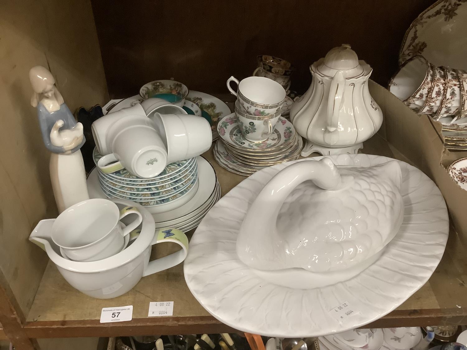 Part tea services, Victorian teapot, swan shaped lid and stand (no bowl) etc