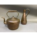 A copper kettle, 28cm and a copper jug, 29cm