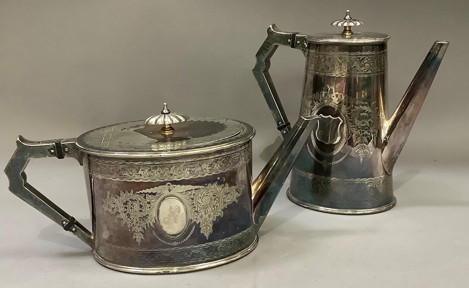 A Victorian silver plated teapot and coffee pot by Elkington & Co, oval outline engraved with