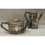 A Victorian silver plated teapot and coffee pot by Elkington & Co, oval outline engraved with