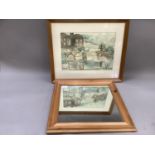 A pine framed mirror, a print after Perry - golf course, watercolour of house and river and a