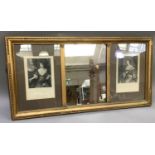 A gilt framed over mantel mirror having a rectangular glass flanked by inset engravings after Sir