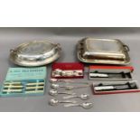 Two silver plated entrée dishes and covers, oval and rectangular, boxed tea knives, sets of