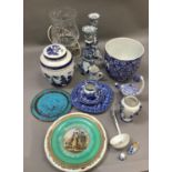 A cut glass light on pedestal foot, items of blue and white ware including ginger jar and cover,