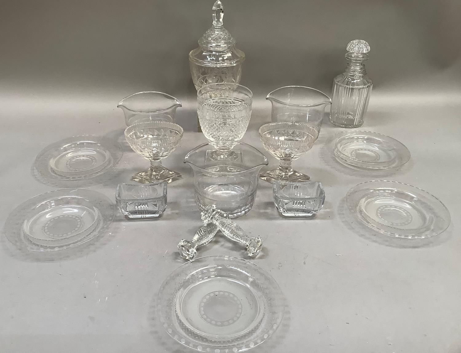 A set of three late 18th/early 19th century glass rinsers of panel cut, a pair of pedestal salts,