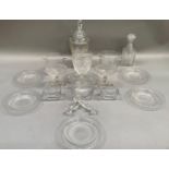 A set of three late 18th/early 19th century glass rinsers of panel cut, a pair of pedestal salts,