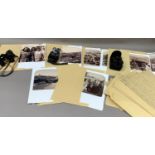 Three sets of binoculars and a collection of photographs and black and white stereo cards