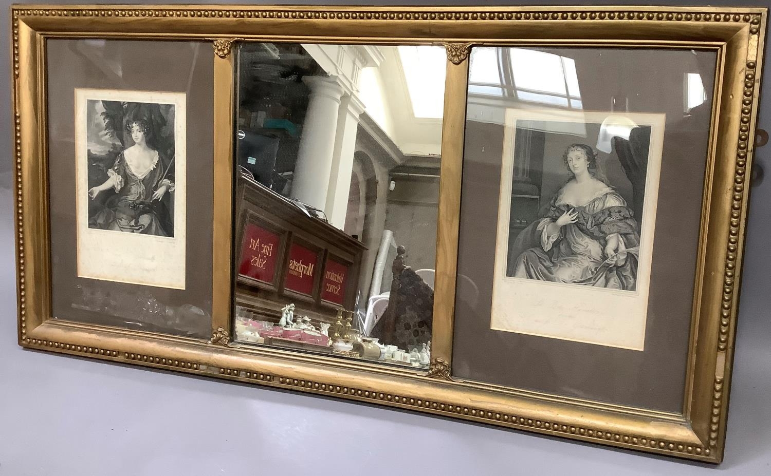 A gilt framed over mantel mirror having a rectangular glass flanked by inset engravings after Sir - Image 2 of 2