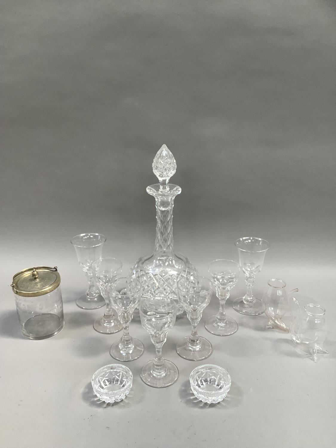 A cut glass sherry decanter together with five long stemmed panel cut sherry glasses on conical - Image 2 of 3