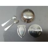 Two modern silver circular paperweights, a bookmark Birmingham 1985, and two salt spoons