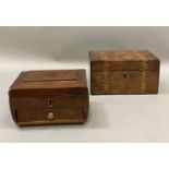 A Victorian walnut and Tunbridge ware banded tea caddy, two lidded compartments and another work box