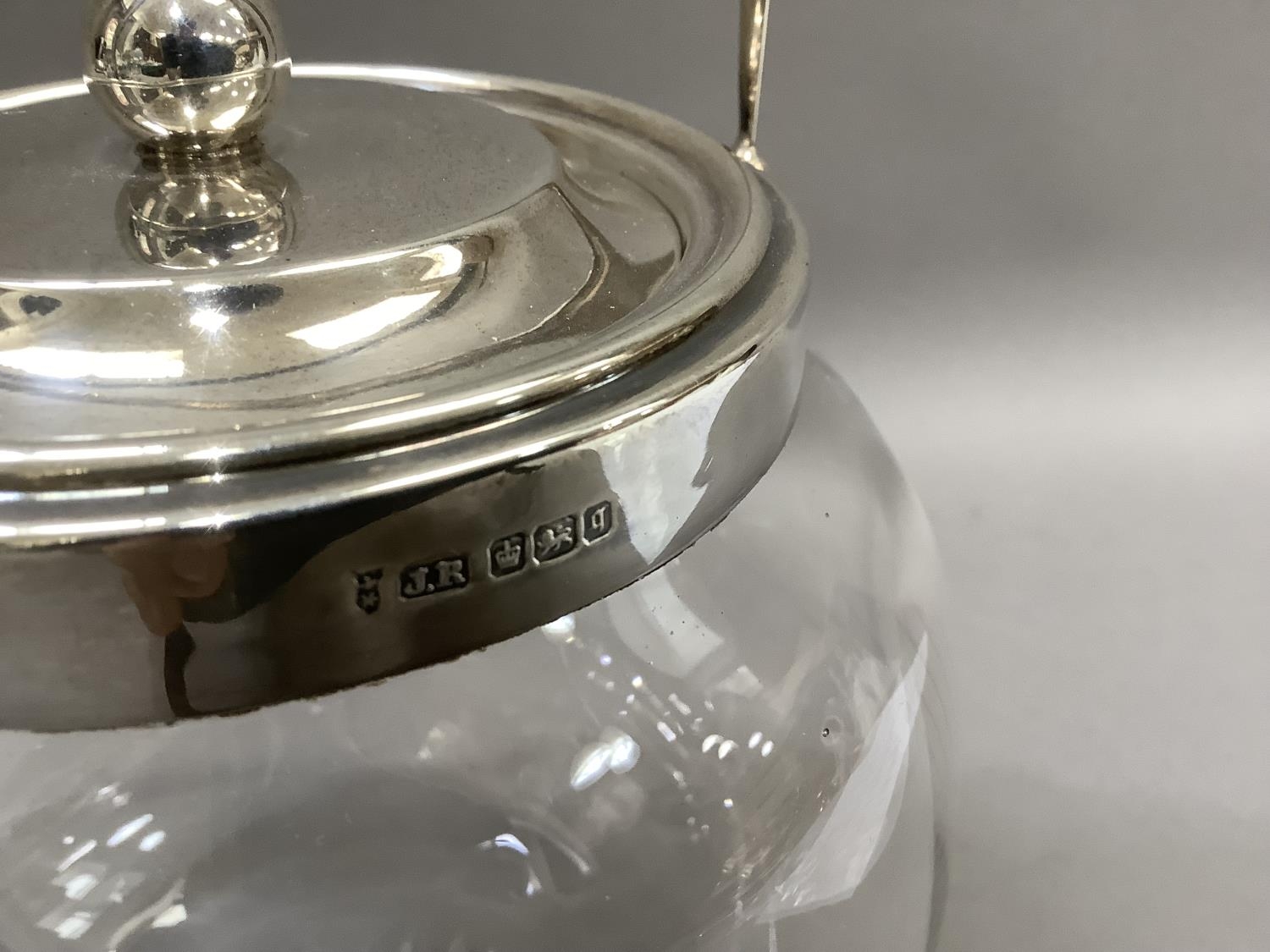 A silver mounted glass biscuit barrel with star cut base, Sheffield 1908 together with a modern - Image 2 of 4