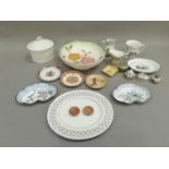 Creamware oval box and covet, oval plate with pierced rim, Brighton mug, pair of enamelled dishes