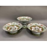 An early 20th century continental china comport and pair of tazzas, circular with wavy rims, printed