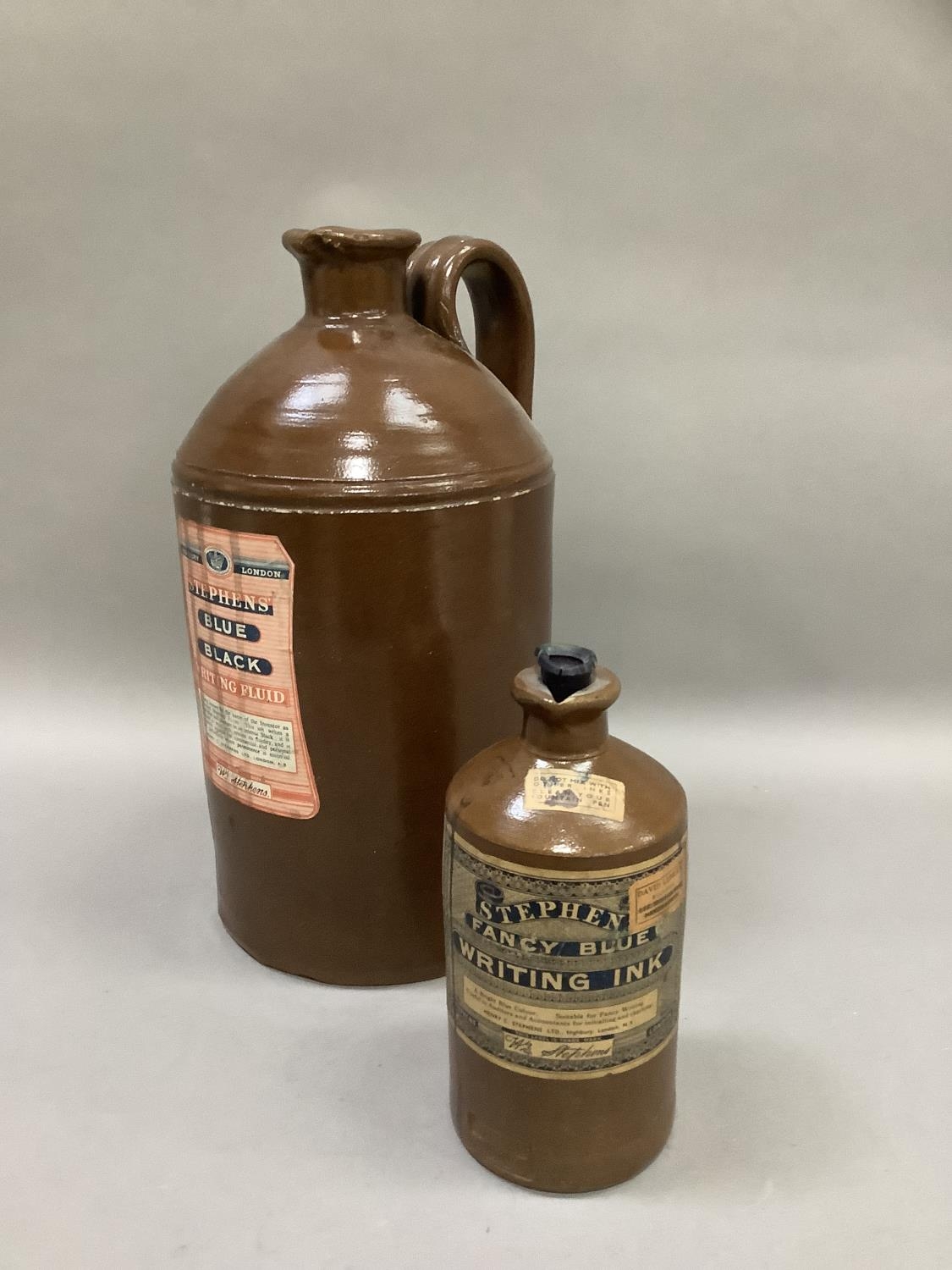 A vintage salt glazed stoneware flagon labelled 'Stephen's Blue Black Writing Fluid', 33.5cm - Image 2 of 2