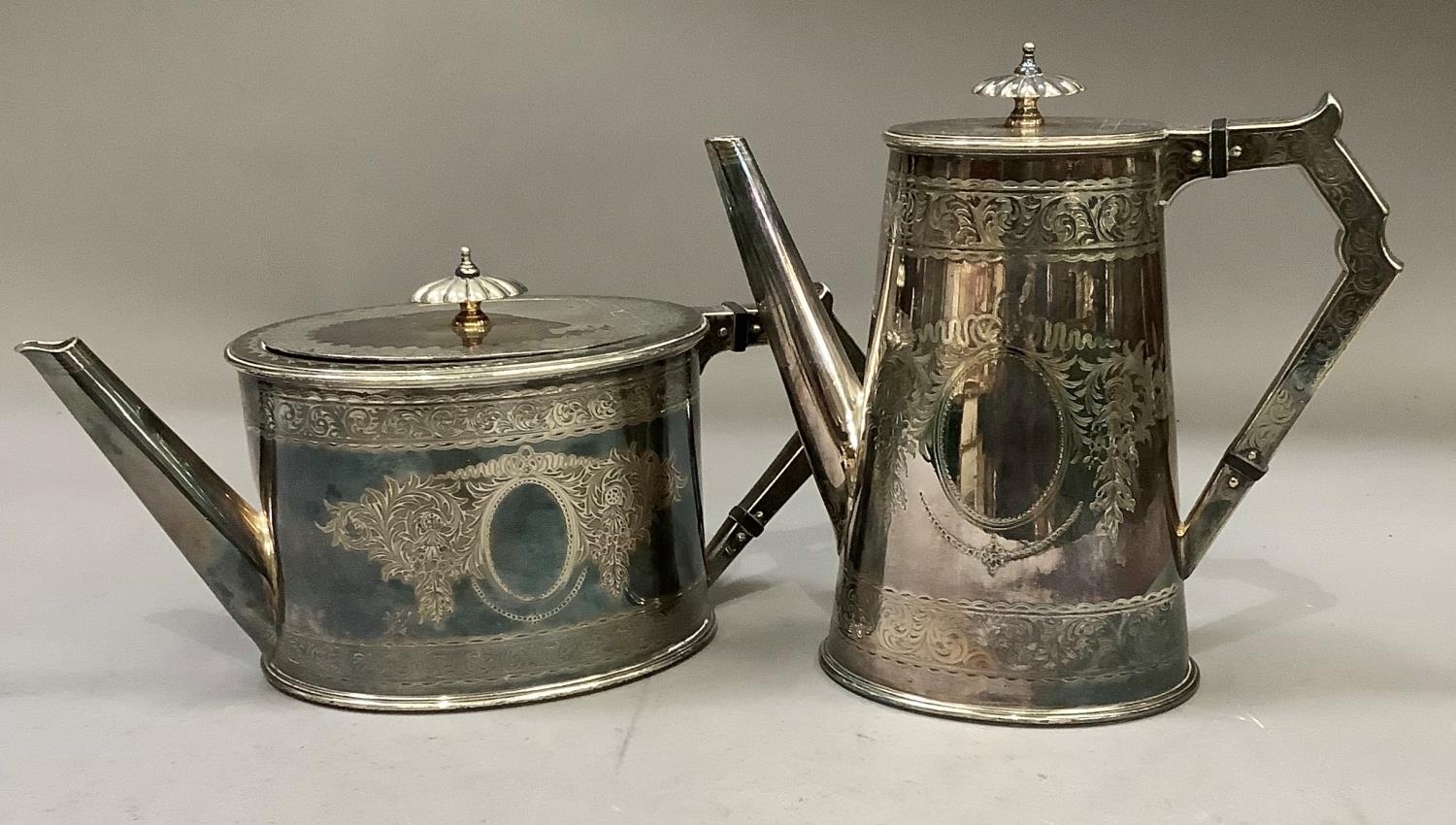 A Victorian silver plated teapot and coffee pot by Elkington & Co, oval outline engraved with - Image 2 of 3