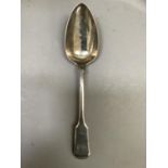 A George II silver fiddle backed spoon, engraved R.S, hallmarked for Robert Albin Cox 1735,